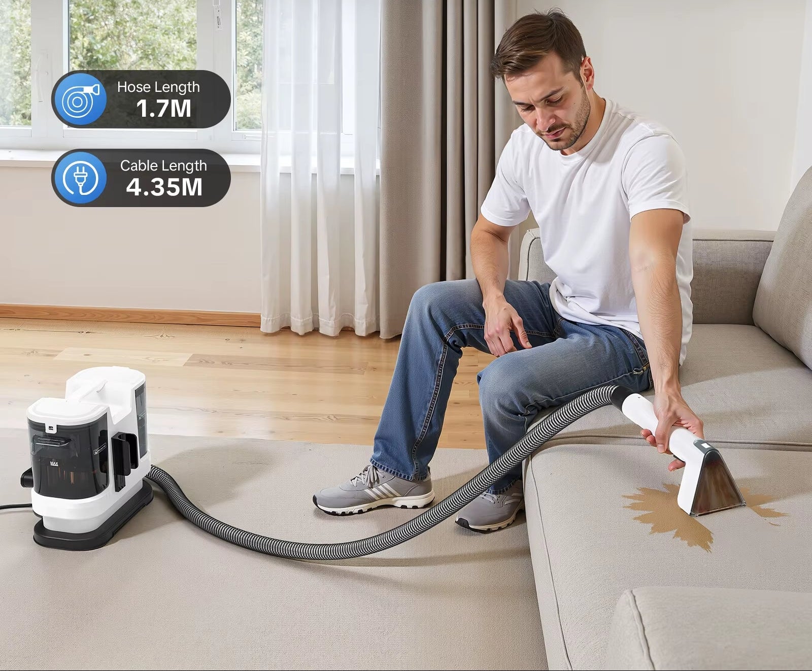 V8 800W Hot Water Carpet Cleaner 60°C Deep Clean Pet Stains 15Kpa Strong Suction 5M Long Power Cord 1.75L Tank