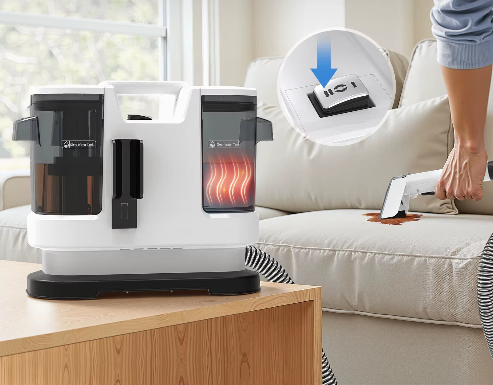 V8 800W Hot Water Carpet Cleaner 60°C Deep Clean Pet Stains 15Kpa Strong Suction 5M Long Power Cord 1.75L Tank