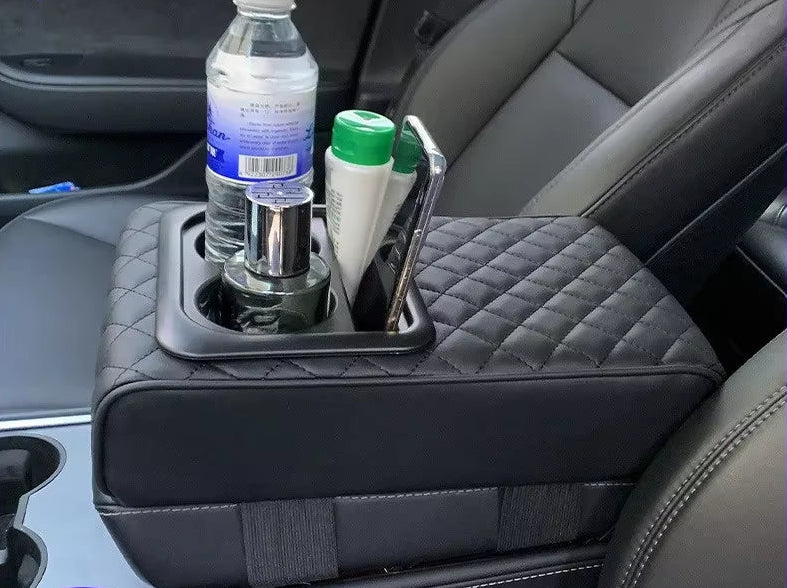 Auto Center Console Armrest Cushion with 2 Cup Holder PU Leather Armrest Pad Portable Car Amrest Pillow Cover Height Pad