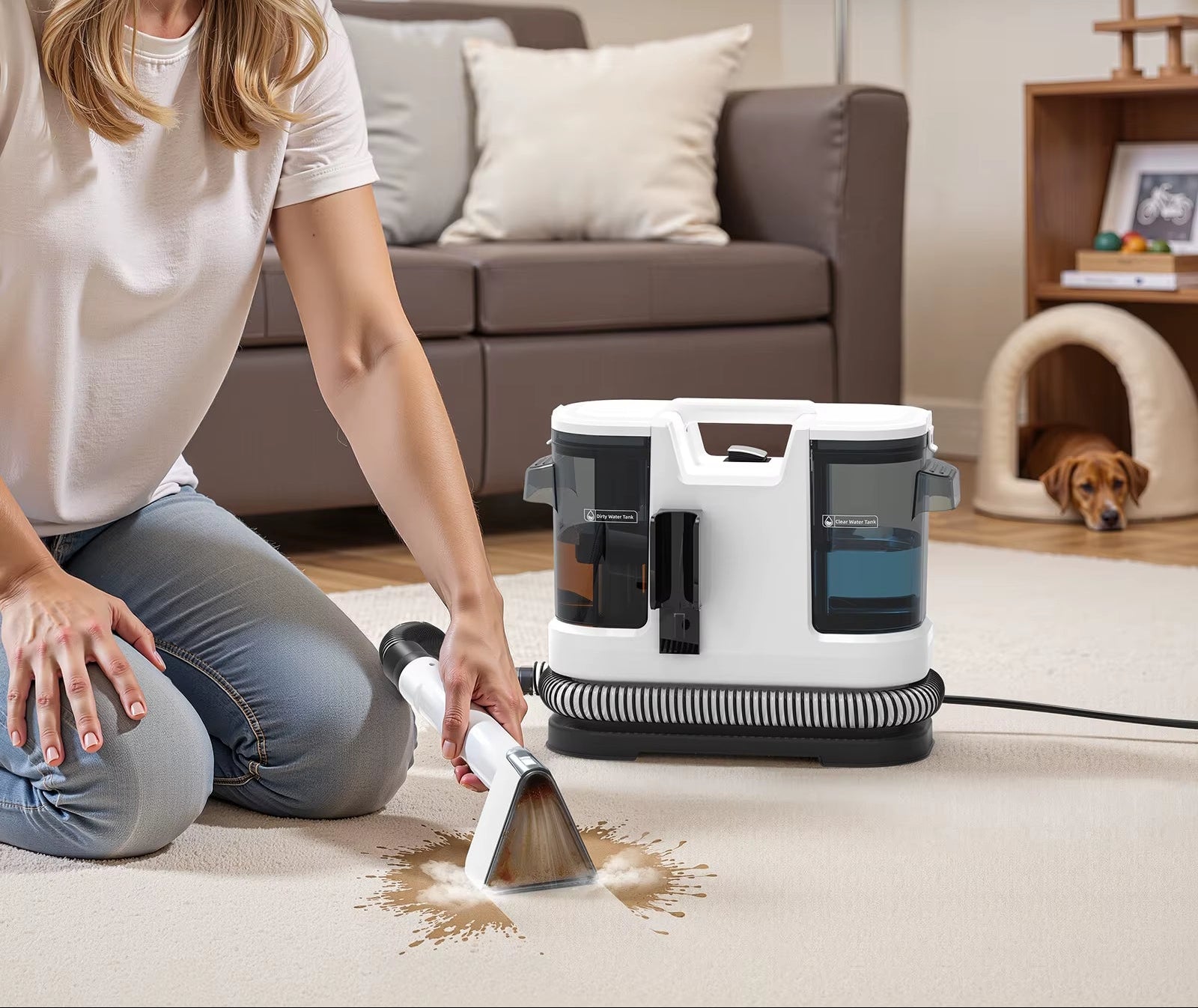 V8 800W Hot Water Carpet Cleaner 60°C Deep Clean Pet Stains 15Kpa Strong Suction 5M Long Power Cord 1.75L Tank