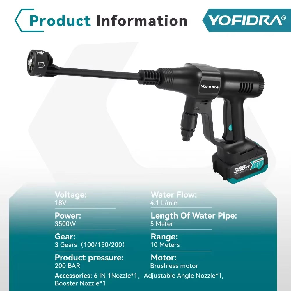 200Bar Brushless High Pressure Car Washer Gun 6 in 1 Electric Garden Washing Water Spray Gun for Makita 18V Battery Pin