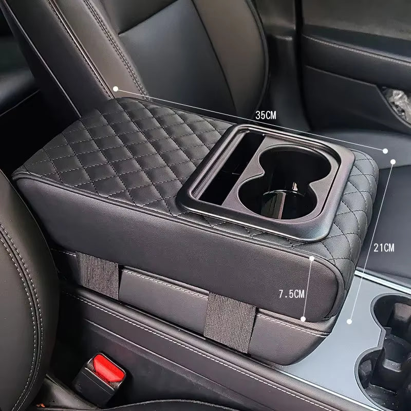 Auto Center Console Armrest Cushion with 2 Cup Holder PU Leather Armrest Pad Portable Car Amrest Pillow Cover Height Pad