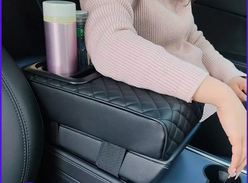 Auto Center Console Armrest Cushion with 2 Cup Holder PU Leather Armrest Pad Portable Car Amrest Pillow Cover Height Pad